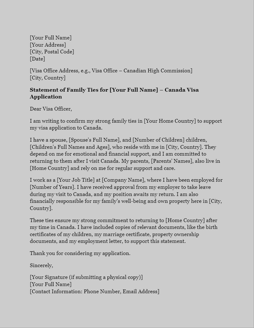 Screenshot of a letter of family ties for a Canada visa