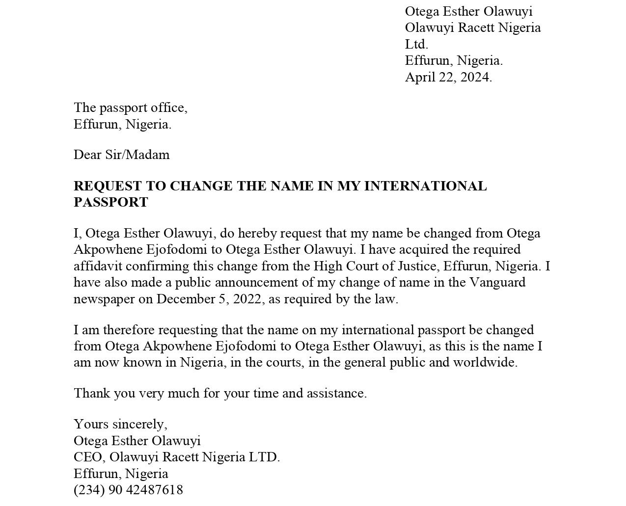 Picture of a sample letter for change of name on a Nigerian passport