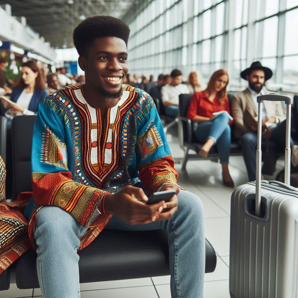 A Nigerian guy waiting at the airport waiting area with his loads