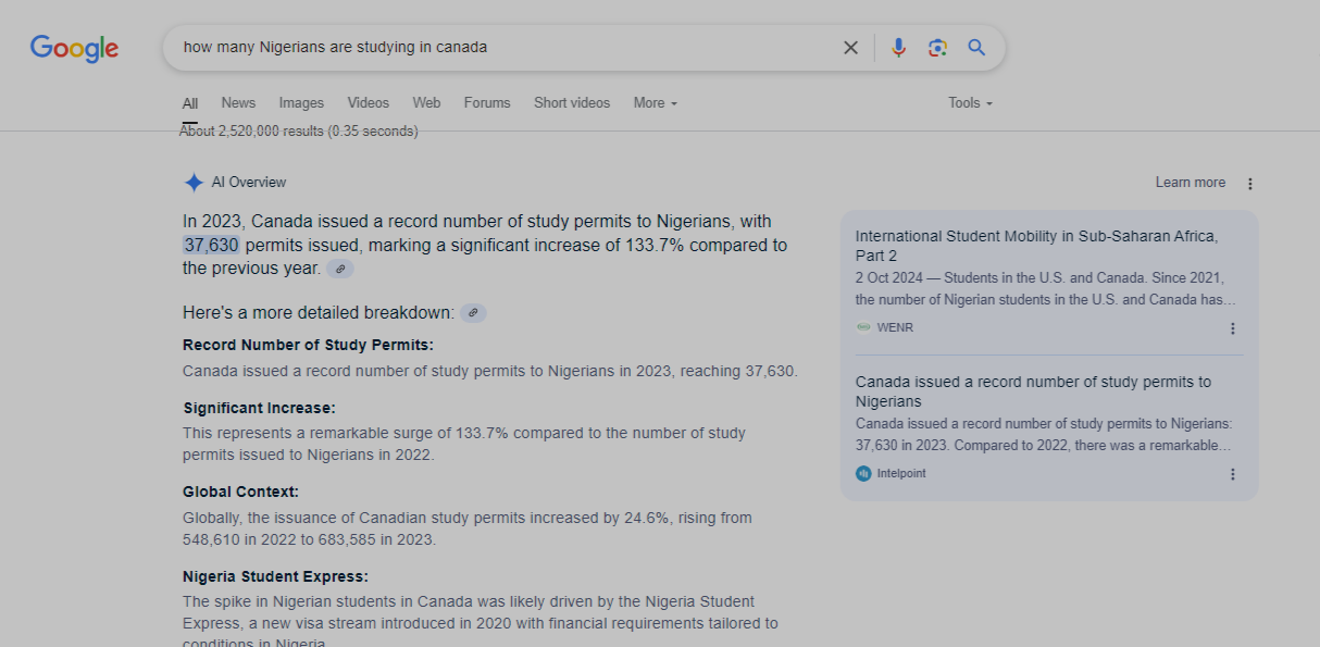 screenshot of Google search result showing number of Nigerians studying in Canada